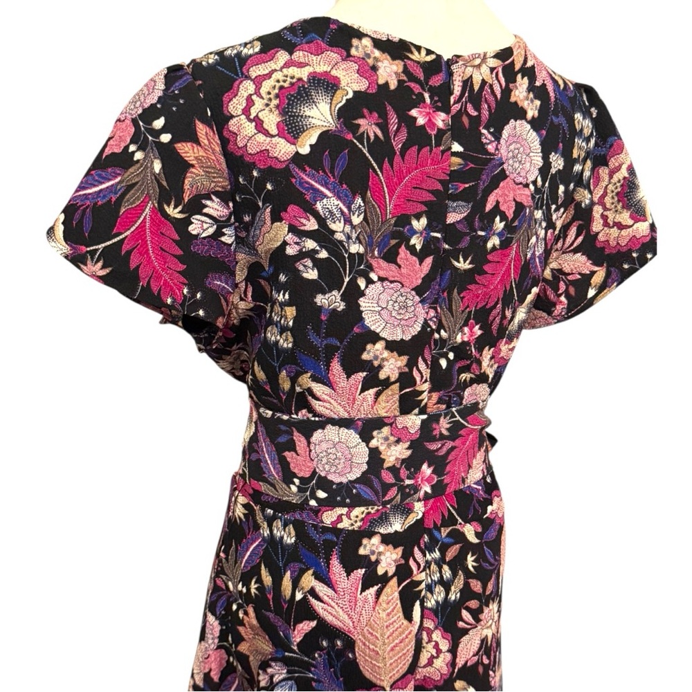 Tahari ASL Floral Belted Midi Dress Size 12 Black Pink Purple Boho Wrap V-Neck - Picture 6 of 8